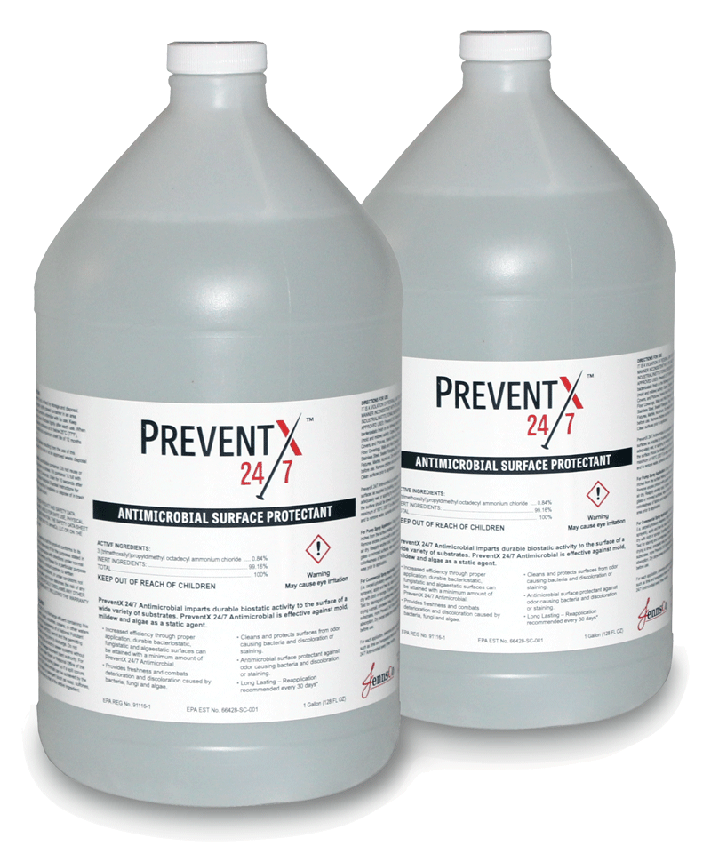 Two 1-gallon size bottles of PreventX antimicrobial liquid.