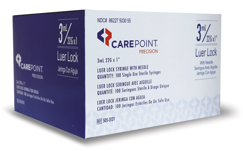 A blue and white box of CarePoint precision Luer lock syringes with needles