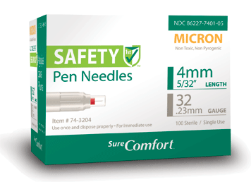 A single green and white box of SureComfort safety pen needles in micron size