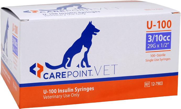 A single blue and orange box of CarePoint U-100 insulin syringes for veterinary use