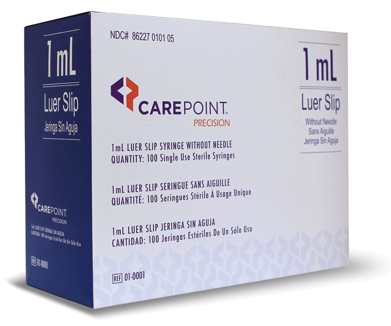 A blue and white box of CarePoint precision Luer slip syringes without needles