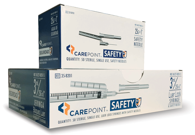 Two blue and white stacked boxes of CarePoint safety needles on top and Luer lock syringes on bottom