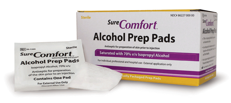 A yellow and purple box of SureComfort alcohol prep pads