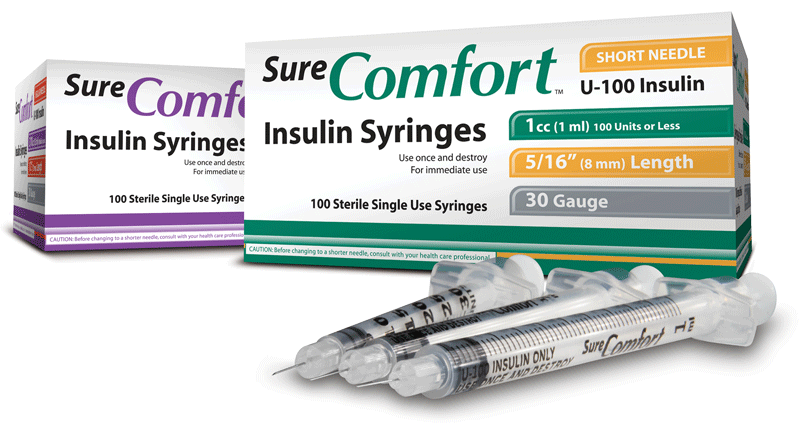 Two boxes of SureComfort insulin syringes and a group of three syringes