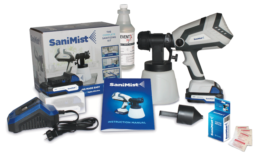 A group of SaniMist Liquid Concentrate Disinfecting Packets, a single bottle of PreventX liquid and an applicator sprayer.
