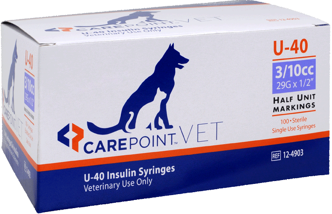 A single blue and orange box of CarePoint U-40 insulin syringes for veterinary use
