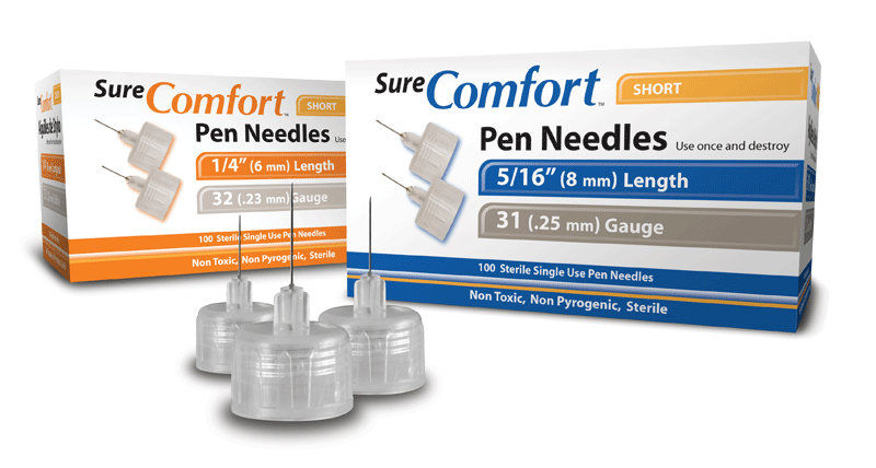 Two boxes of SureComfort short pen needles and three pen needles displayed