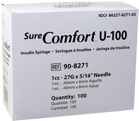 A Black and white box of SureComfort U-100 insulin syringes