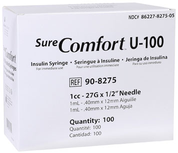 A Black and white box of SureComfort U-100 insulin syringes