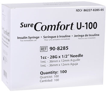 A Black and white box of SureComfort U-100 insulin syringes