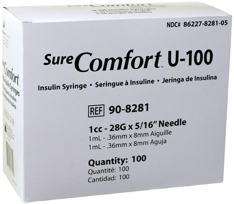 A Black and white box of SureComfort U-100 insulin syringes