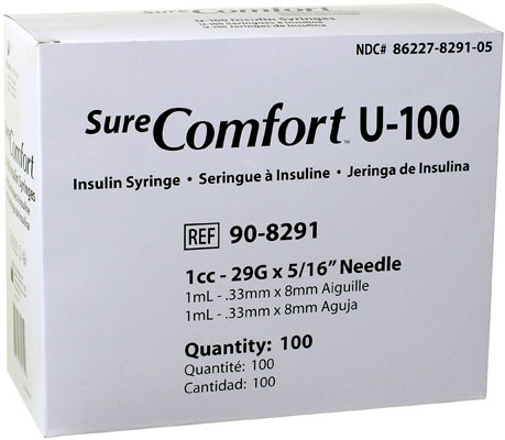 A Black and white box of SureComfort U-100 insulin syringes