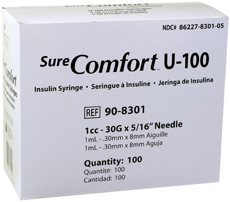 A Black and white box of SureComfort U-100 insulin syringes