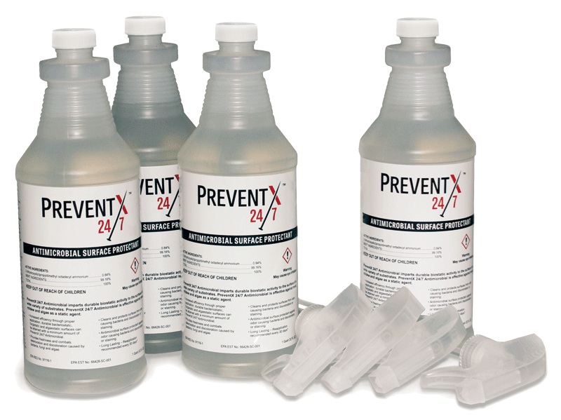 Four 1-quart size bottles of PreventX antimicrobial liquid.