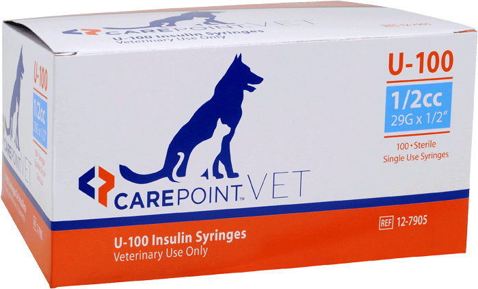 A single blue and orange box of CarePoint U-100 insulin syringes for veterinary use
