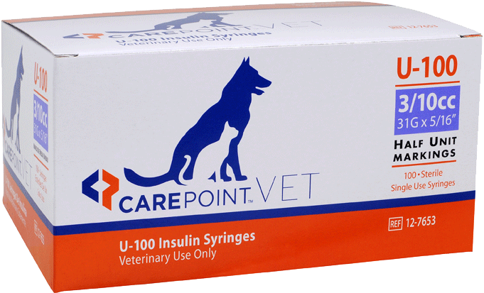 A single blue and orange box of CarePoint Vet U-100 insulin syringes for veterinary use