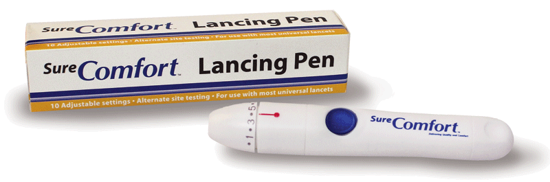 A blue and yellow box containing a SureComfort Lancing pen, plus a lancing pen unit displayed.