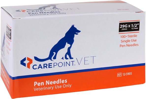A single blue and orange box of CarePoint Vet Pen Needles for veterinary use