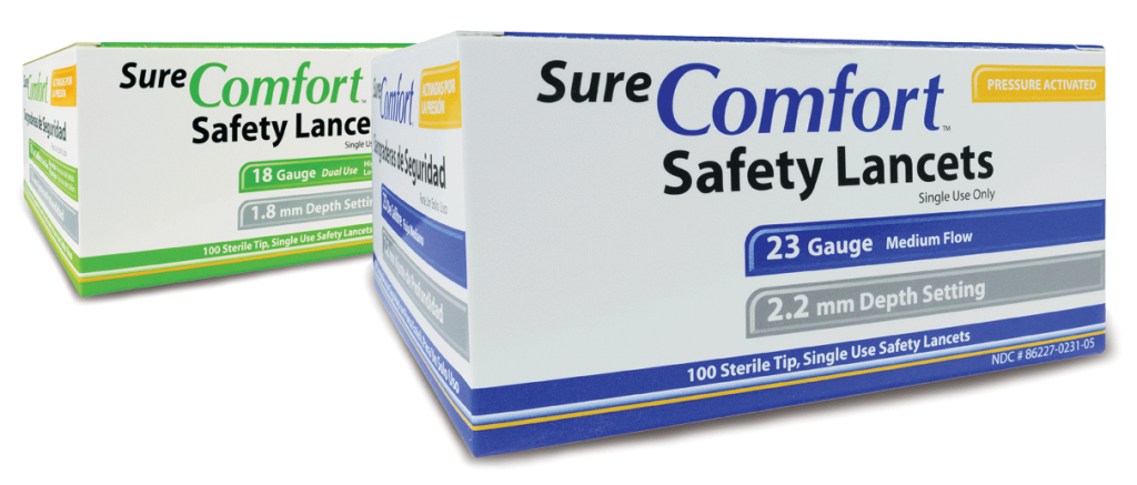 Two boxes of SureComfort safety lancets in 21 and 23 gauge