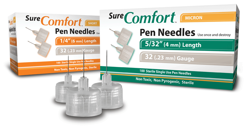 Two boxes of SureComfort short and micron pen needles and three pen needles displayed