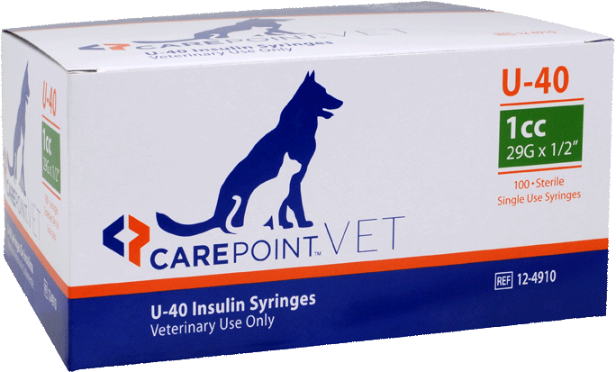 A single blue and orange box of CarePoint U-40 insulin syringes for veterinary use