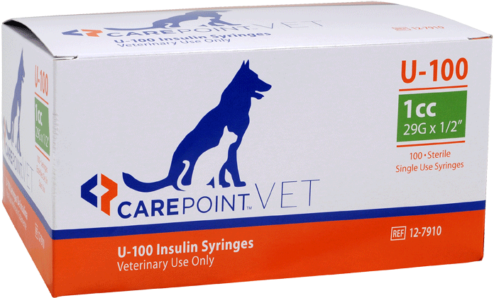 A single blue and orange box of CarePoint U-100 insulin syringes for veterinary use