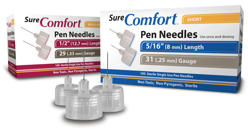 Two boxes of SureComfort short and regular pen needles and three pen needles displayed