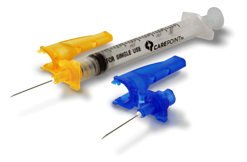 A single CarePoint Conventional Syringe & Safety Needle Combination with optional blue and orange safety cap