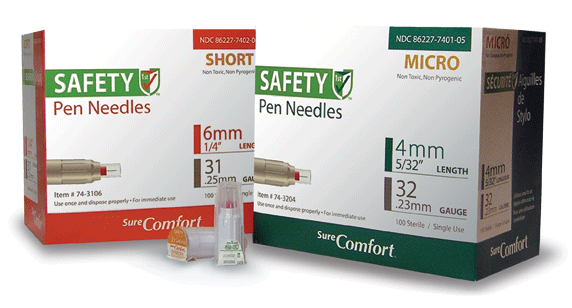 Two boxes of SureComfort short and micron safety pen needles and pen needles displayed
