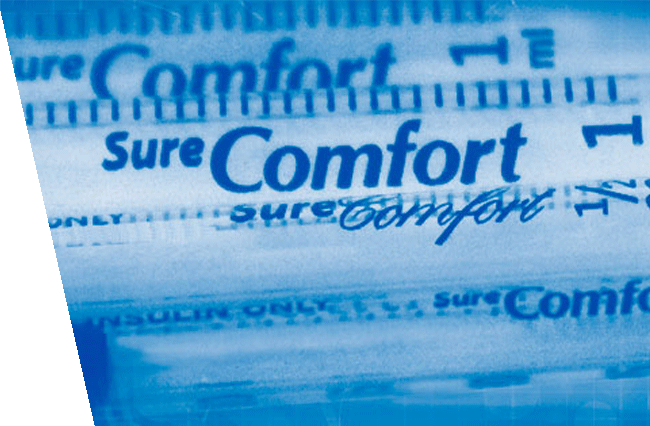 A group of SureComfort syringes Showing their markings colorized in blue