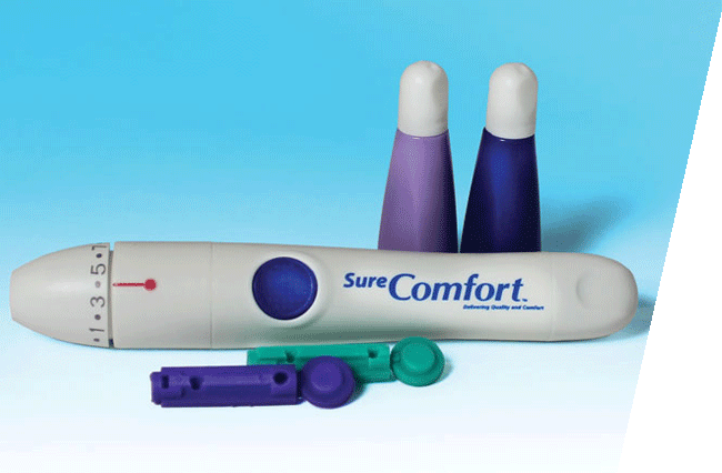 A group shots of SureComfort Pen needles, Lancing device and safety lancets