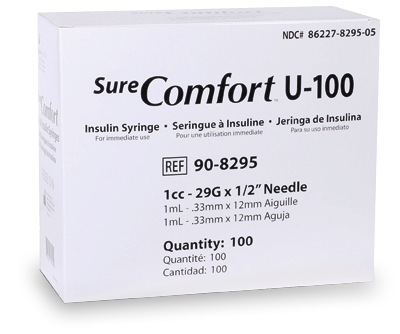 A Black and white box of SureComfort U-100 insulin syringes