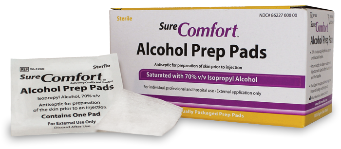 A yellow and purple box of SureComfort alcohol prep pads