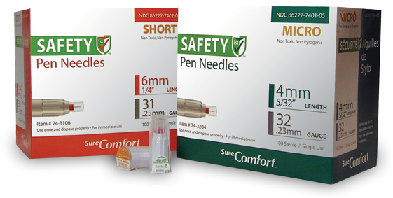 Two boxes of SureComfort short and micron safety pen needles and pen needles displayed