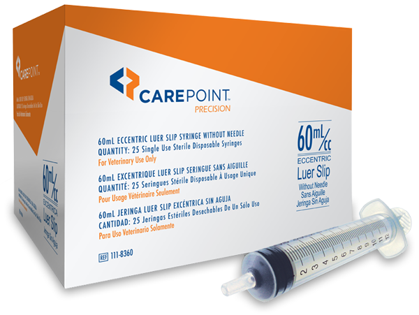 A box of CarePoint precision Luer slip syringes without needles