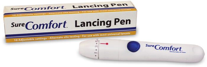 A blue and yellow box containing a SureComfort Lancing pen, plus a lancing pen unit displayed.