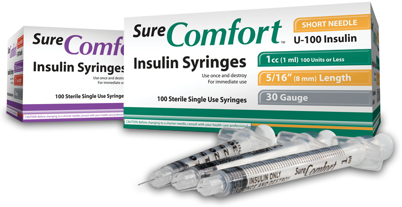 Two boxes of SureComfort insulin syringes and a group of three syringes