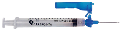 A single CarePoint Conventional Syringe & Safety Needle Combination With orange cap