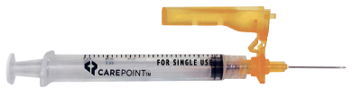 A single CarePoint Conventional Syringe & Safety Needle Combination With orange cap