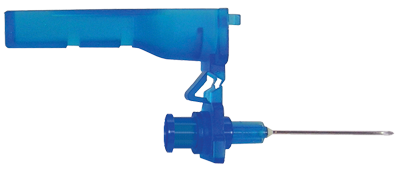 A single CarePoint safety needle unit in blue