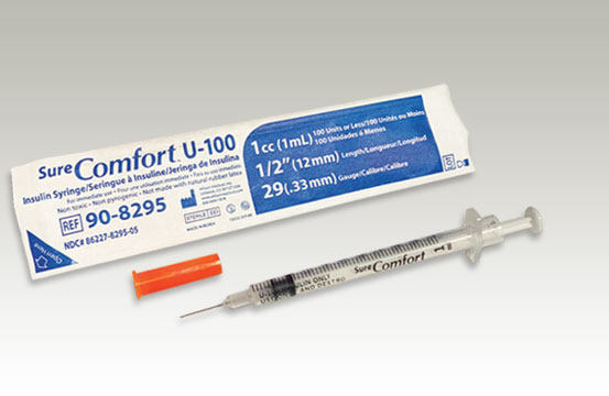 SureComfort U-100 insulin syringe package with syringe displayed
