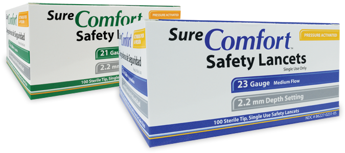 Two boxes of SureComfort safety lancets in 21 and 23 gauge