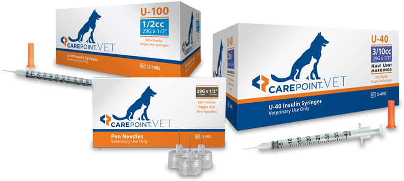 A group of CarePoint vet syringe and pen needle boxes with product displayed.