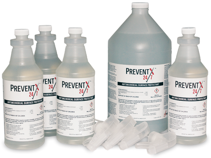Five assorted size bottles of PreventX antimicrobial liquid.