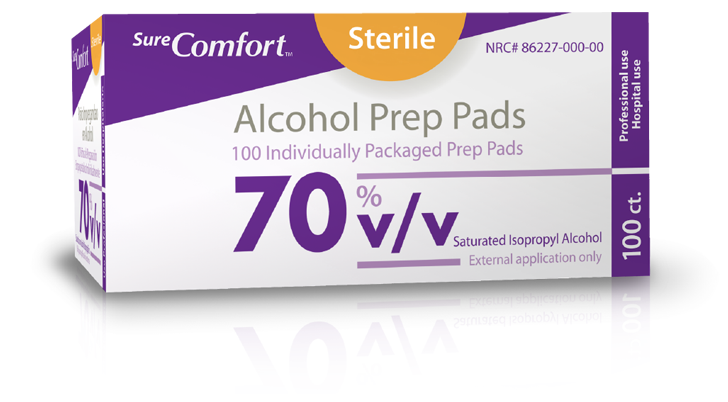 A yellow and purple box of SureComfort alcohol prep pads